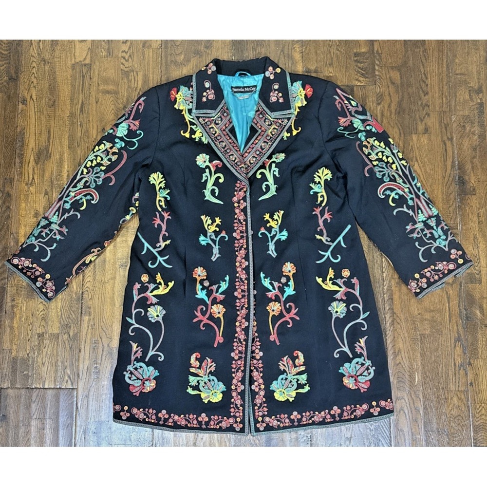 Pamela McCoy Black Embroidered Tapestry Coat Floral Appliqué Women 2X Jacket